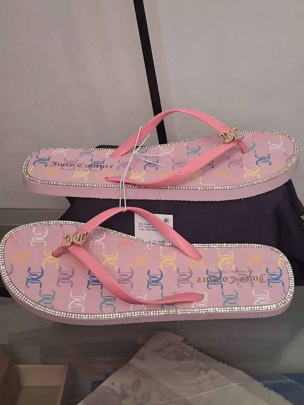 Juicy Couture Pink Rhinestone-Trim Logo Flip Flops